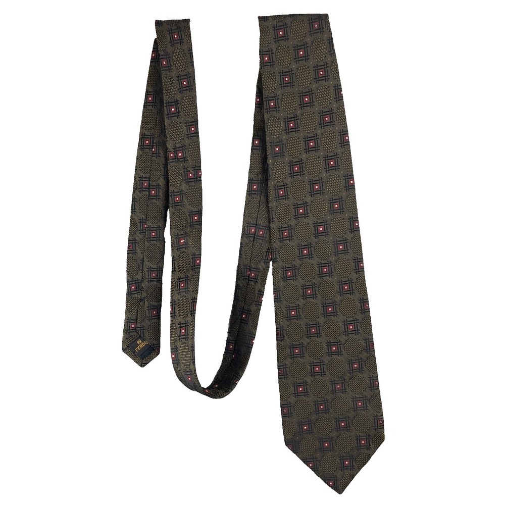 Fendi Mens Silk Geometric Print Classic Neck Tie Green Brown Size O/S Made Italy